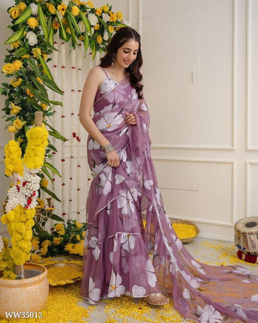 Lavender Bloom Organza Ruffle Saree