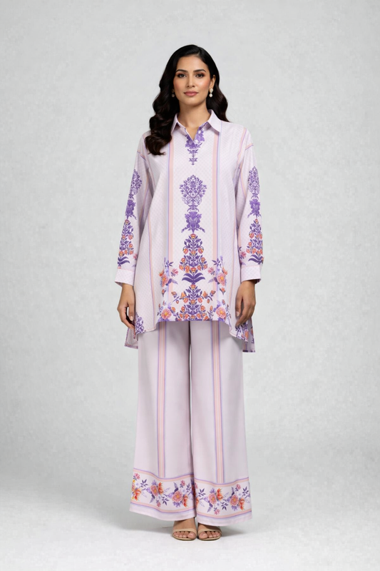 Lavender Floral Co-ord Set Fabric – Soft Pastel Designer Crepe