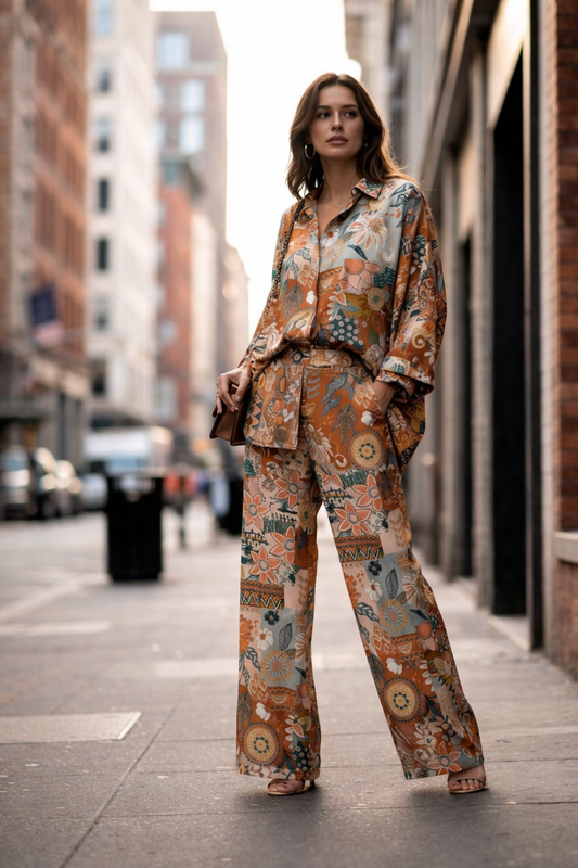 Boho Floral Printed Co-ord Set Fabric – Rust & Multicolor Designer Crepe