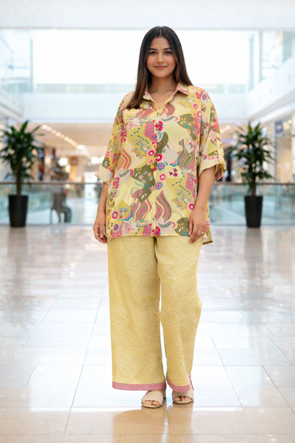 Vibrant Floral Printed Co-ord Set Fabric – Yellow Multicolor Designer Crepe