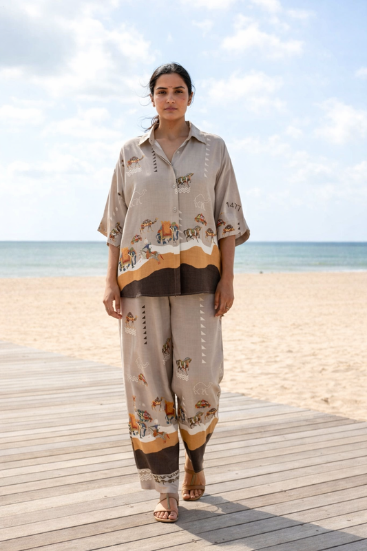 Beige Ethnic Printed Co-Ord Set Fabric – Premium Crape