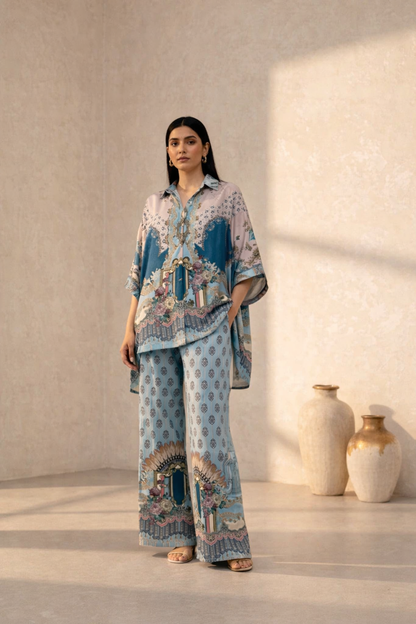 Blue Printed Co-Ord Set Fabric – Premium Crape