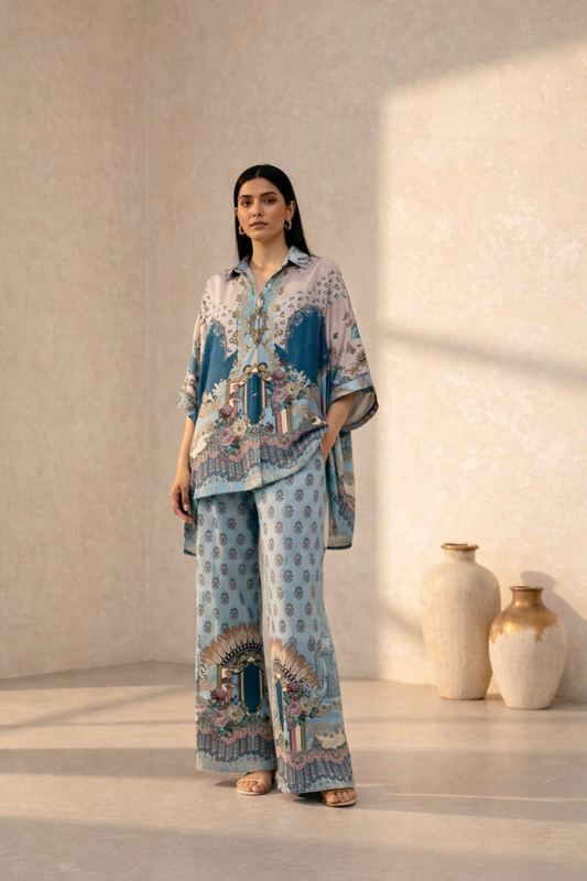 Blue Printed Co-Ord Set Fabric – Premium Crape