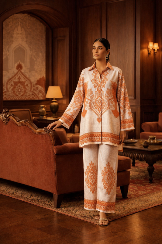 Ivory & Rust Printed Co-Ord Set Fabric – Premium Crape