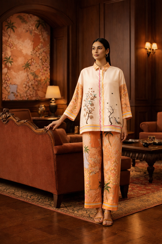 Peach & Ivory Printed Co-Ord Set Fabric – Premium Crape