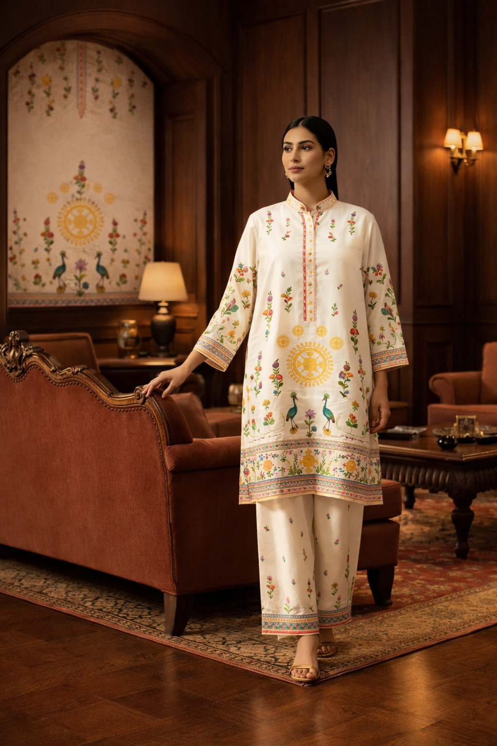 Ivory Multicolor Floral Printed Co-Ord Set Fabric – Premium Crape