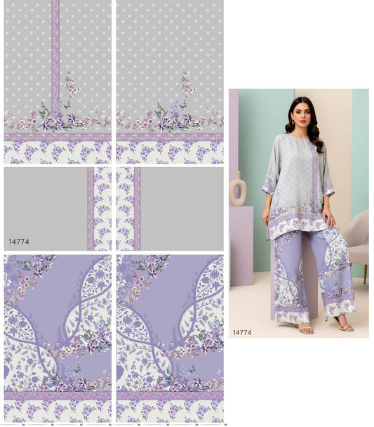 Pastel Floral Co-ord Set Fabric – Soft Grey & Lilac Crepe