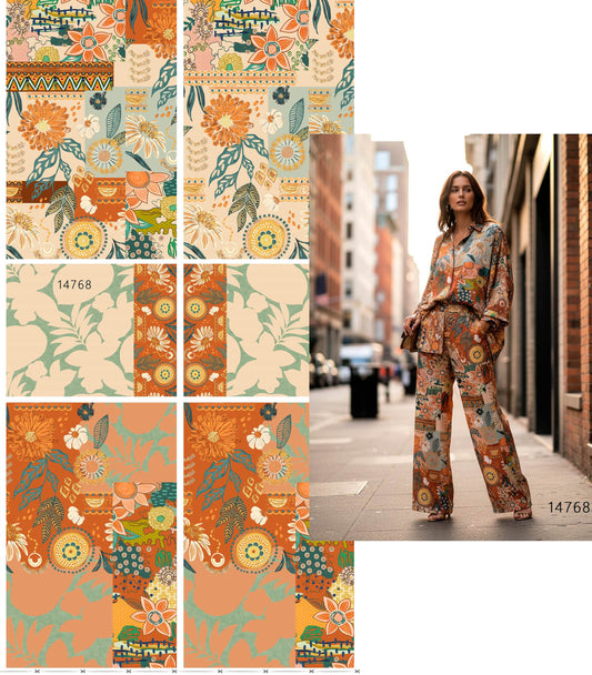 Boho Floral Printed Co-ord Set Fabric – Rust & Multicolor Designer Crepe