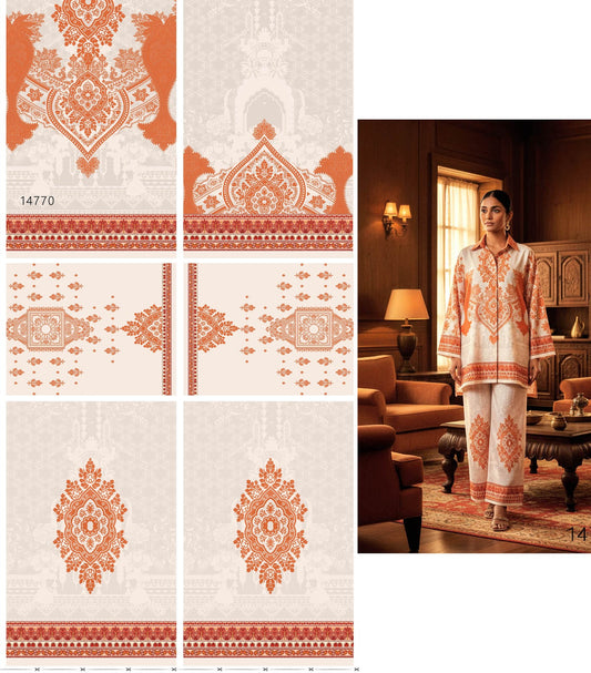 Ivory & Rust Printed Co-Ord Set Fabric – Premium Crape