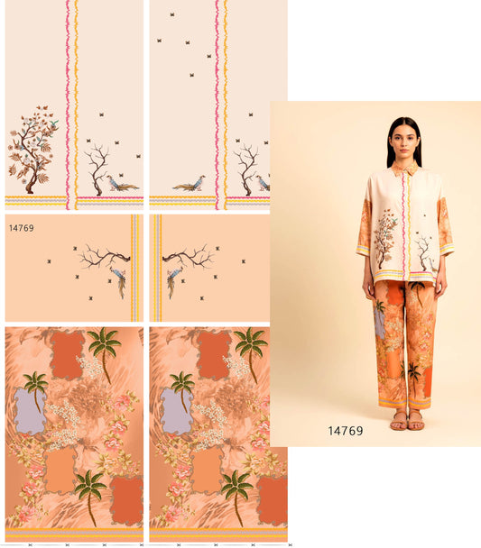 Peach & Ivory Printed Co-Ord Set Fabric – Premium Crape