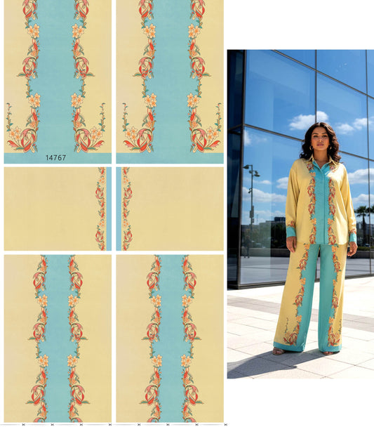 Floral Panel Print Co-ord Fabric - Pastel Yellow & Aqua Designer Set