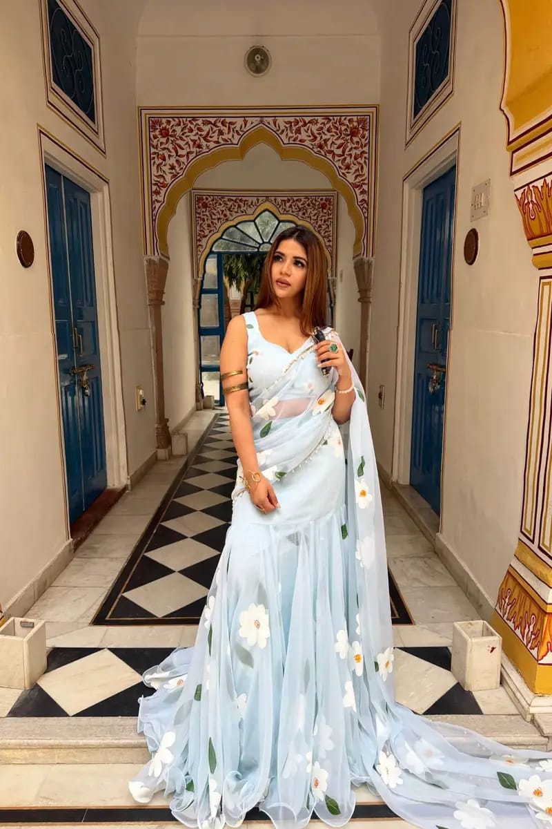 Elegant Sky Blue Floral Organza Saree with Designer Blouse & Soft Flowy Drape
