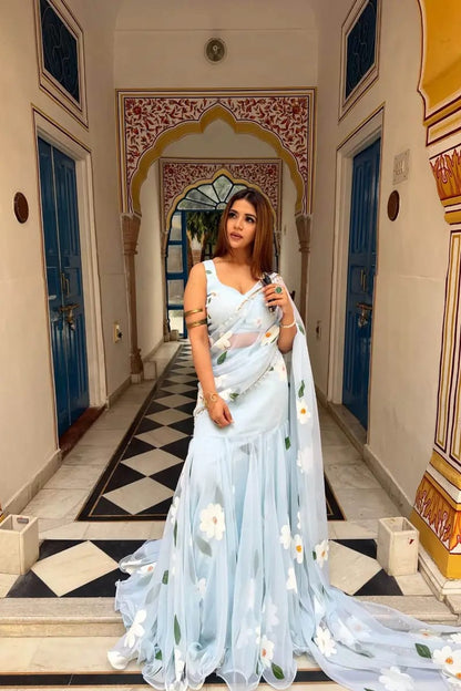 Elegant Sky Blue Floral Organza Saree with Designer Blouse & Soft Flowy Drape