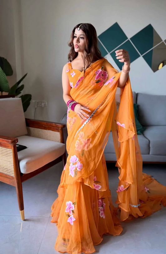 Elegant Orange Floral Organza Ruffle Saree with Designer Blouse & Flowy Draped Pallu