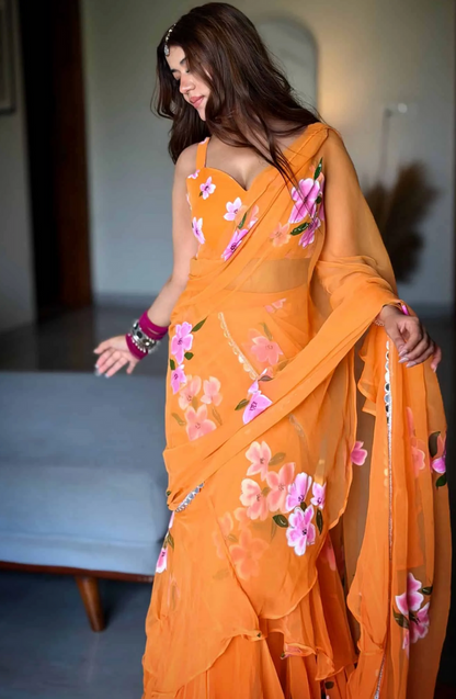 Elegant Orange Floral Organza Ruffle Saree with Designer Blouse & Flowy Draped Pallu