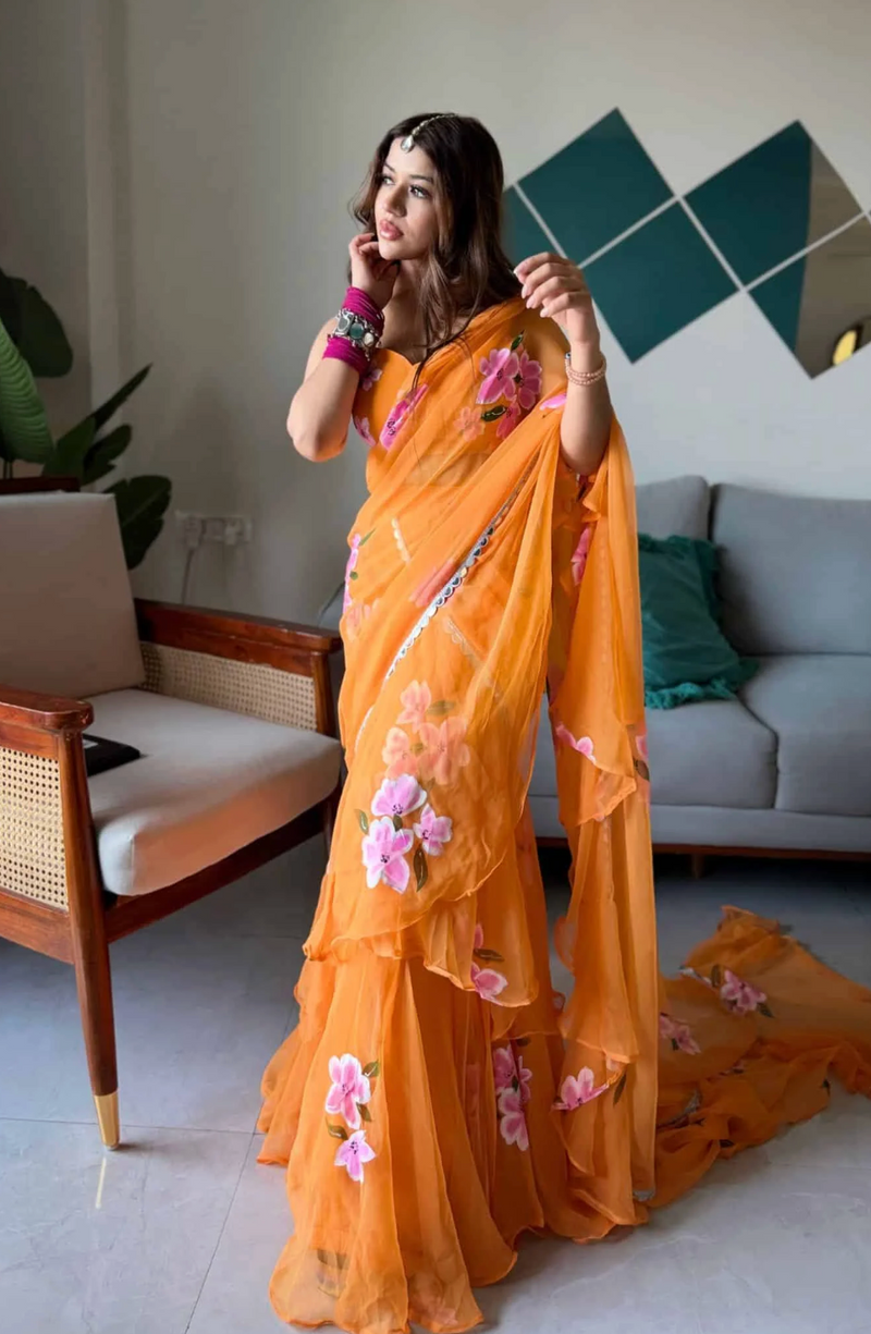 Elegant Orange Floral Organza Ruffle Saree with Designer Blouse & Flowy Draped Pallu