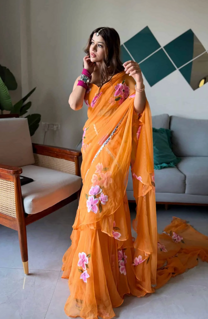 Elegant Orange Floral Organza Ruffle Saree with Designer Blouse & Flowy Draped Pallu
