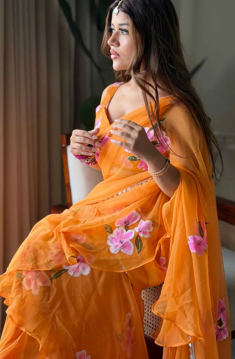 Elegant Orange Floral Organza Ruffle Saree with Designer Blouse & Flowy Draped Pallu