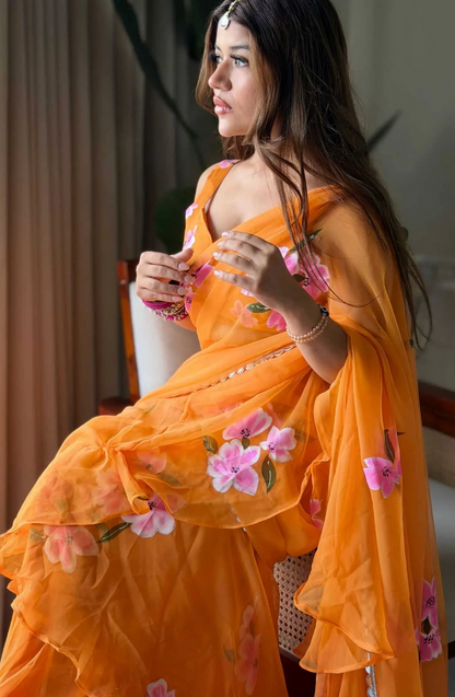 Elegant Orange Floral Organza Ruffle Saree with Designer Blouse & Flowy Draped Pallu