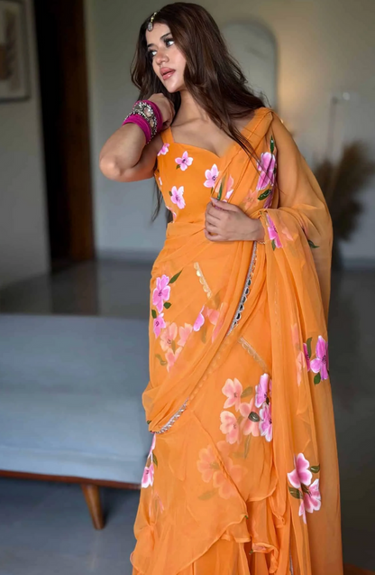 Elegant Orange Floral Organza Ruffle Saree with Designer Blouse & Flowy Draped Pallu