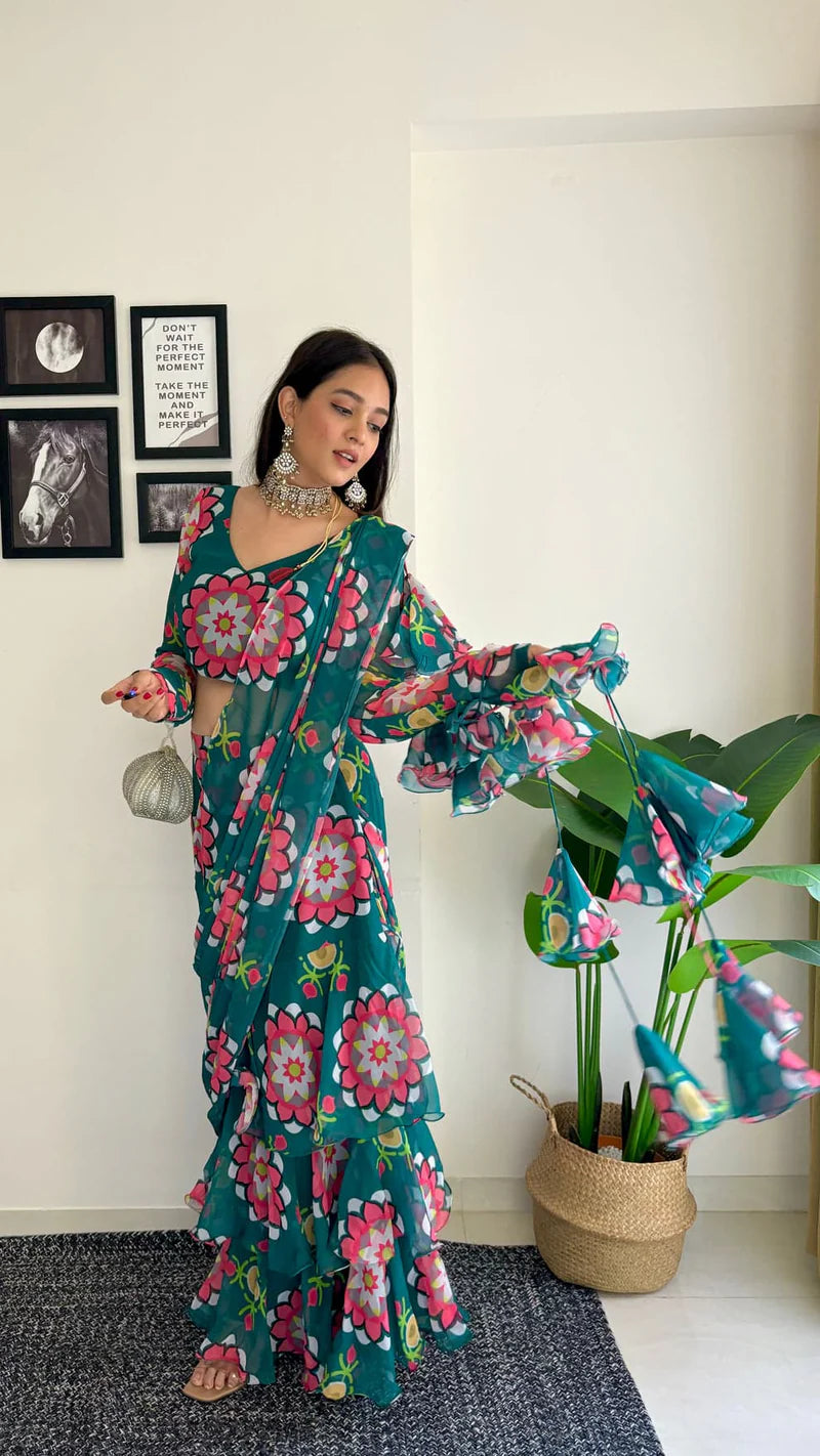 Emerald Bloom Ruffle Saree Set