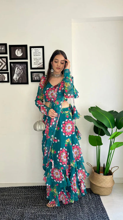 Emerald Bloom Ruffle Saree Set