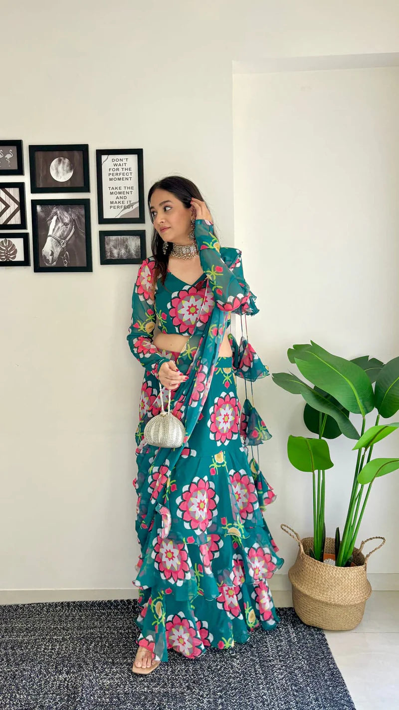 Emerald Bloom Ruffle Saree Set