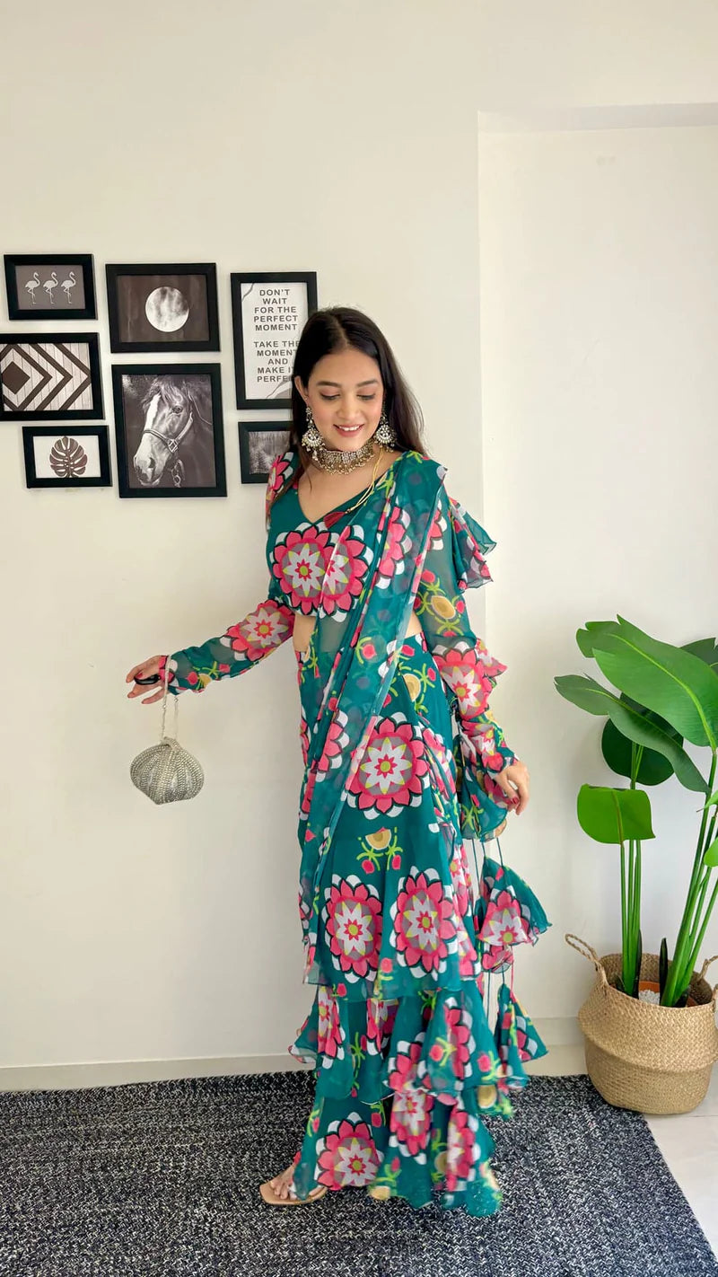 Emerald Bloom Ruffle Saree Set