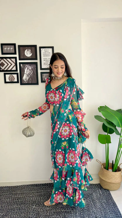 Emerald Bloom Ruffle Saree Set
