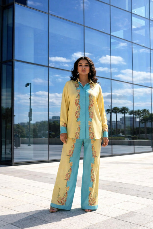 Floral Panel Print Co-ord Fabric - Pastel Yellow & Aqua Designer Set