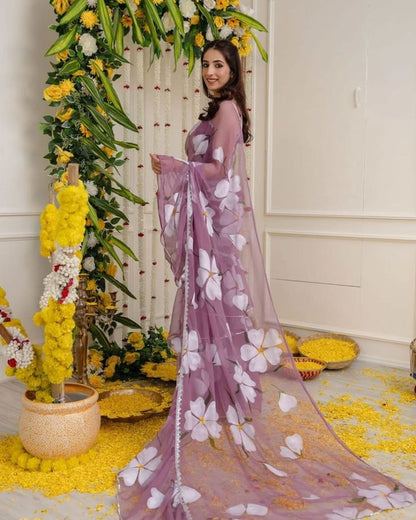 Lavender Bloom Organza Ruffle Saree