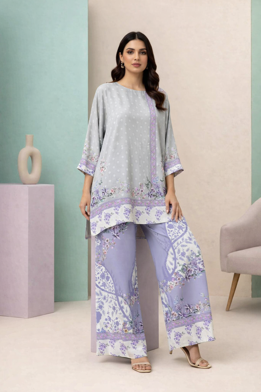 Pastel Floral Co-ord Set Fabric – Soft Grey & Lilac Crepe