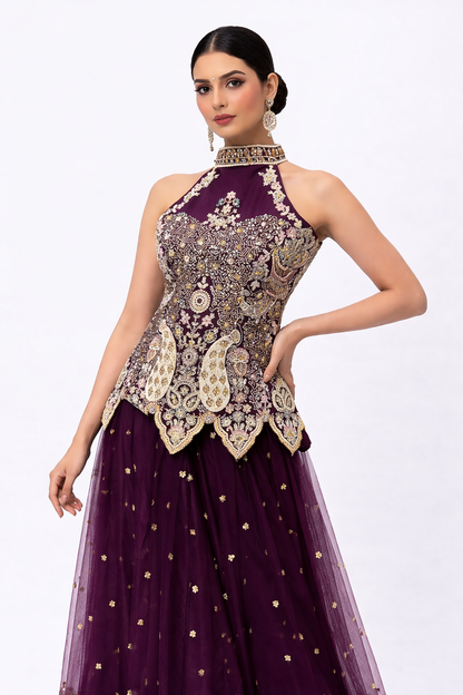Regal Plum Hand-Embroidered Designer Lehenga