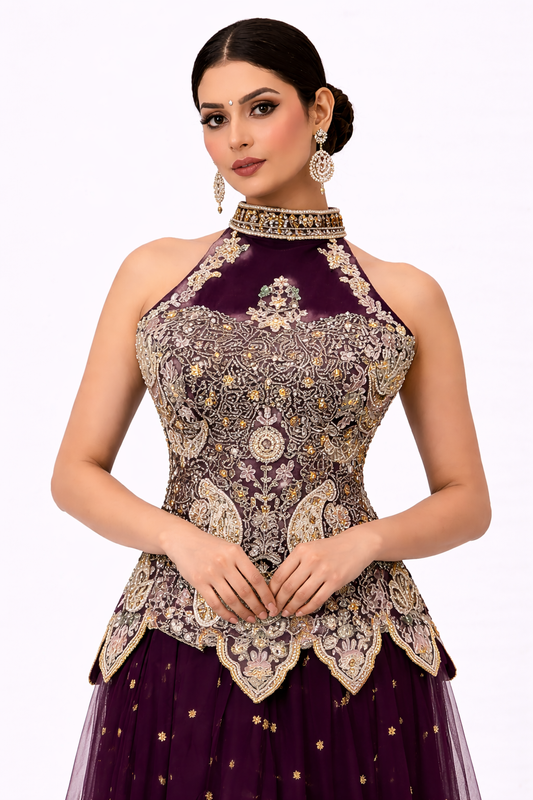 Regal Plum Hand-Embroidered Designer Lehenga