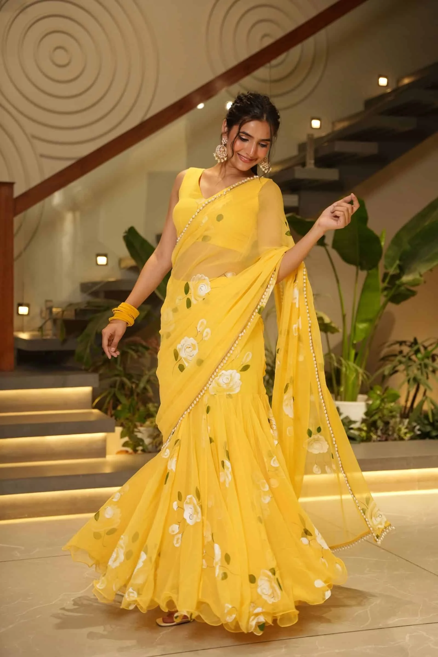 Summer Bloom Yellow Saree with White Rose Print