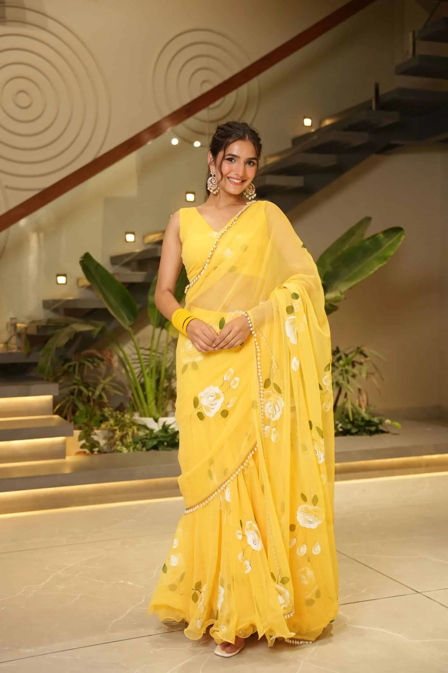 Summer Bloom Yellow Saree with White Rose Print