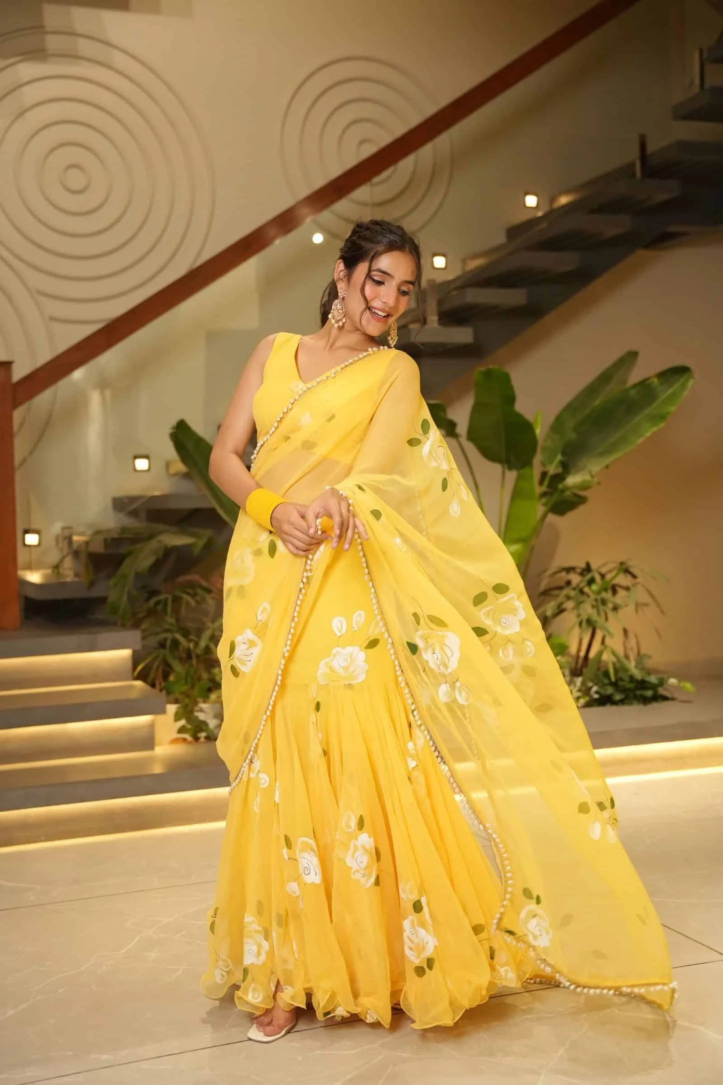 Summer Bloom Yellow Saree with White Rose Print