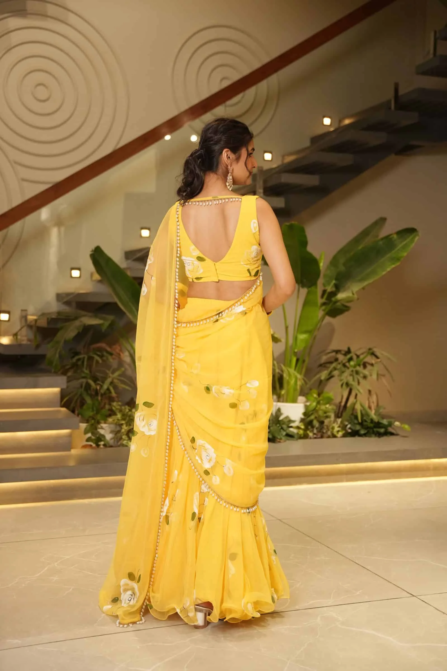 Summer Bloom Yellow Saree with White Rose Print