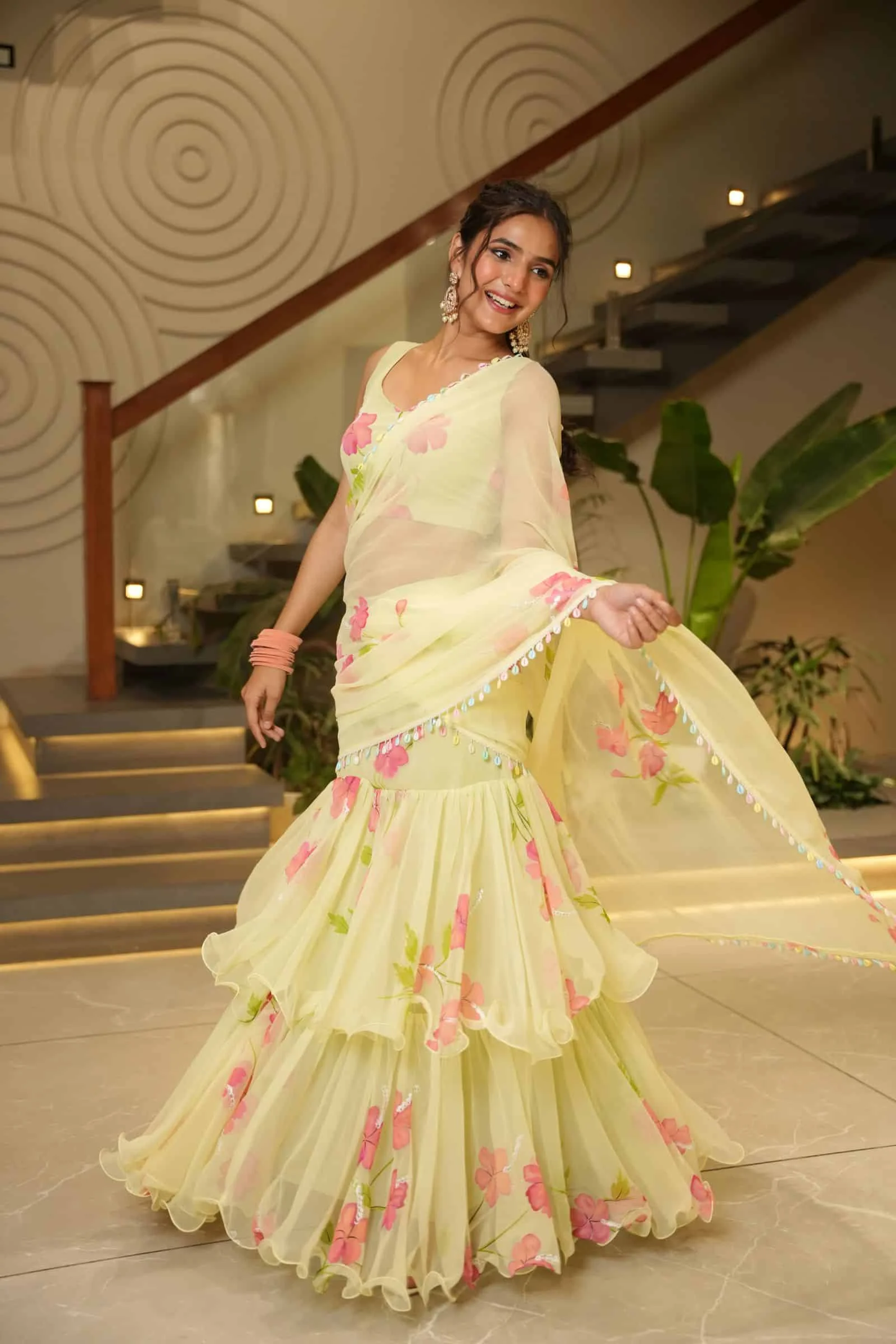 Elegant Pastel Floral Designer Georgette Saree