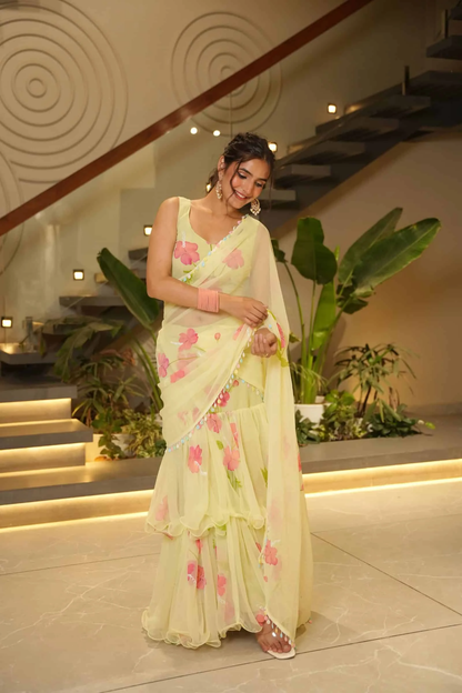 Elegant Pastel Floral Designer Georgette Saree