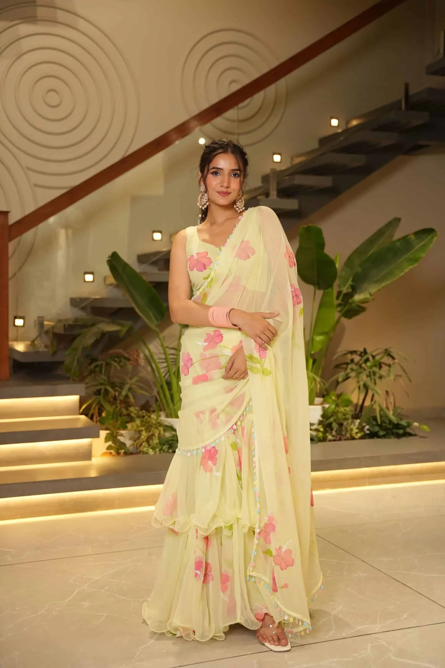 Elegant Pastel Floral Designer Georgette Saree
