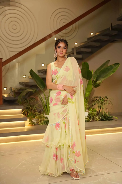 Elegant Pastel Floral Designer Georgette Saree