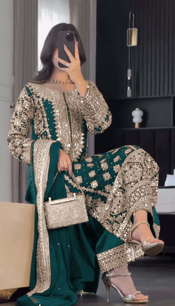 Faux Georgette Embroidered Kurta with Pant & Dupatta