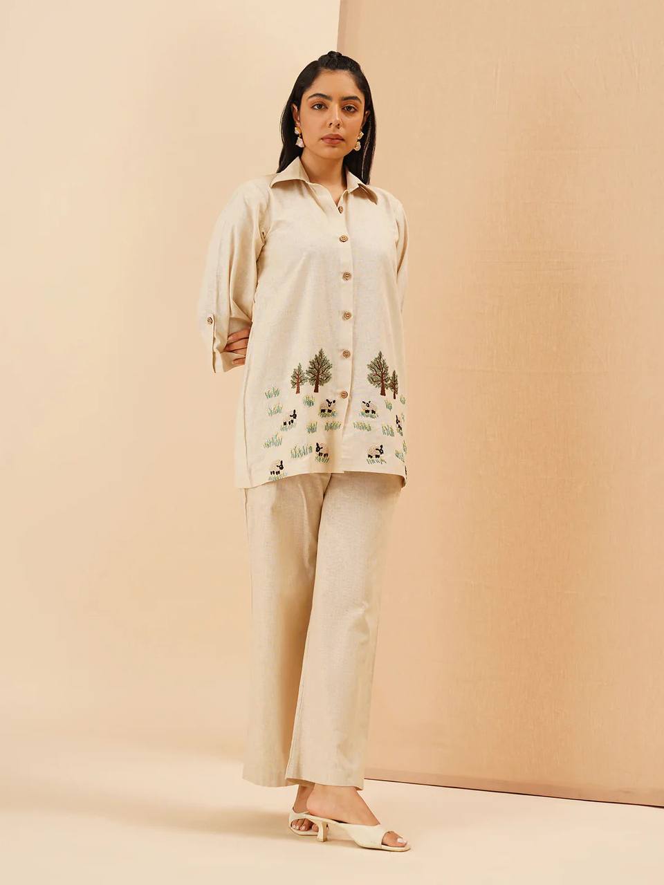 Embroidery Co-Ord Set in White Rayon