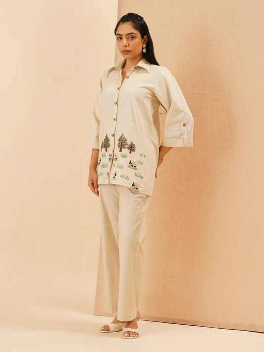 Embroidery Co-Ord Set in White Rayon
