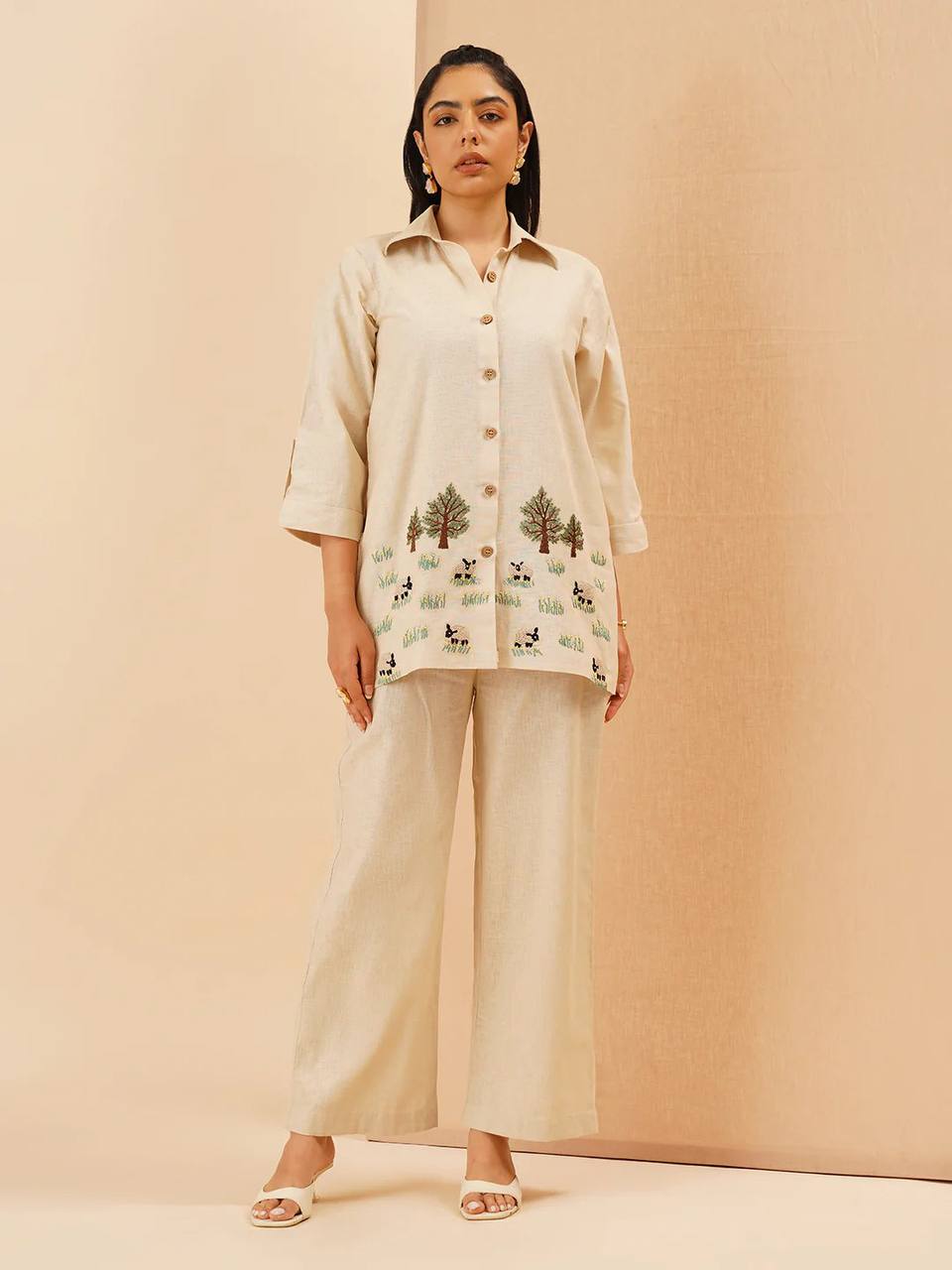 Embroidery Co-Ord Set in White Rayon