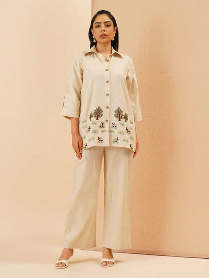 Embroidery Co-Ord Set in White Rayon