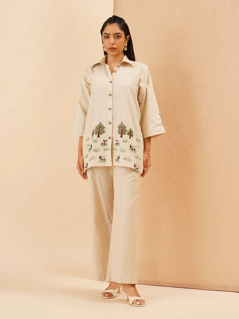 Embroidery Co-Ord Set in White Rayon