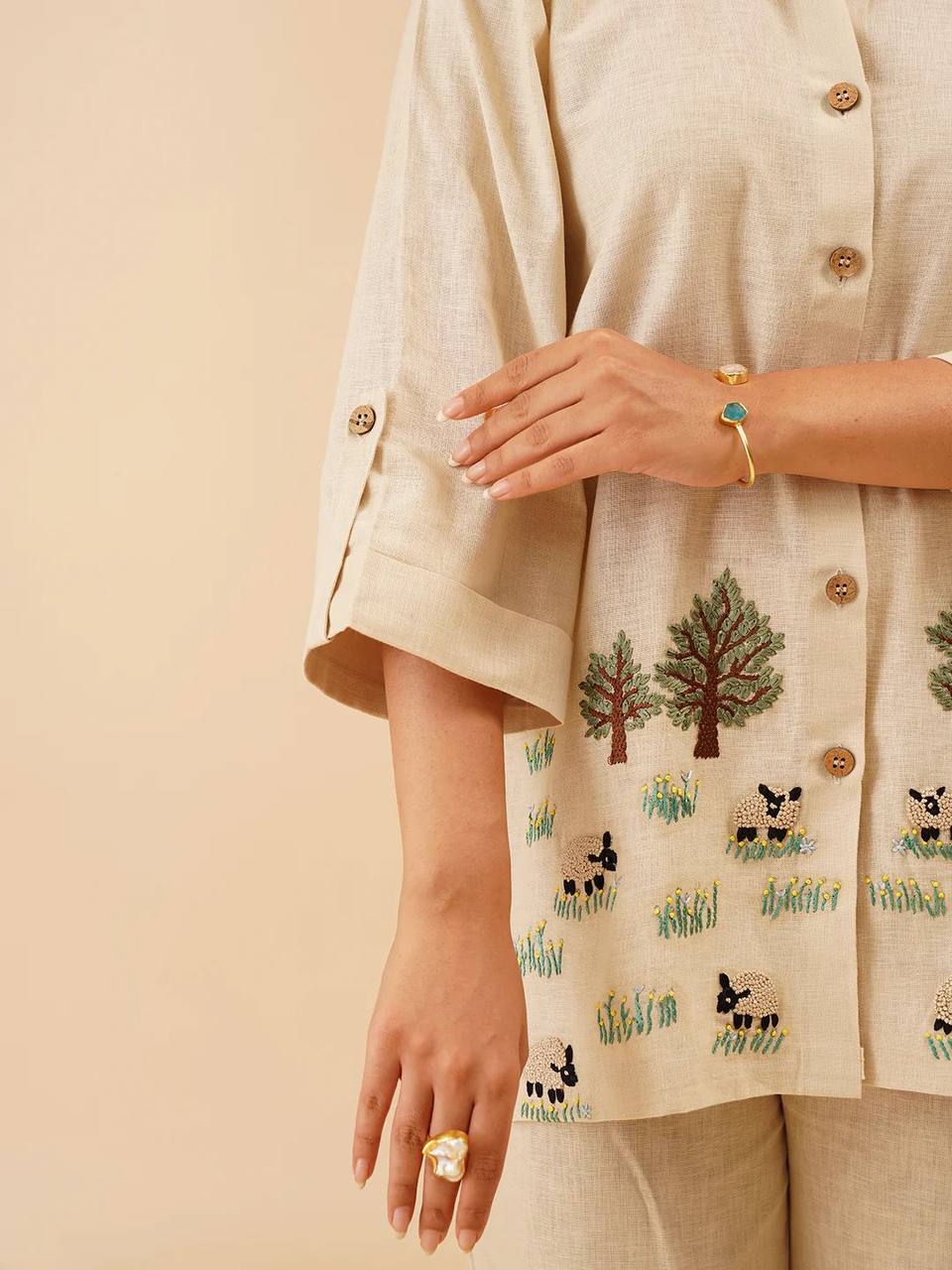 Embroidery Co-Ord Set in White Rayon