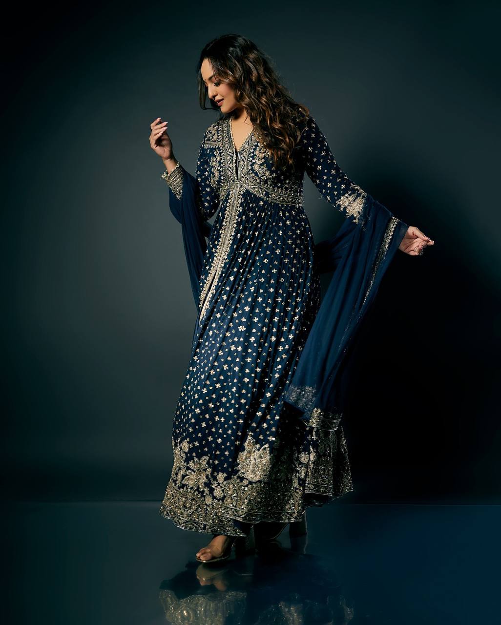 Elegant Navy Blue Embroidered Gown